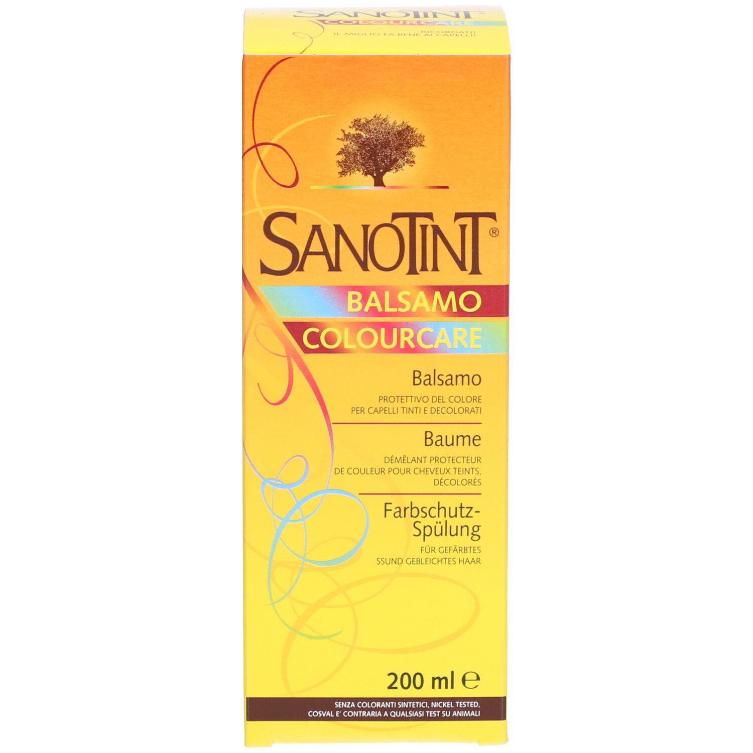 Boîte jaune. Inscription: SANOTINT, Balsamo Colourcare, soin protecteur couleur. 200 ml.