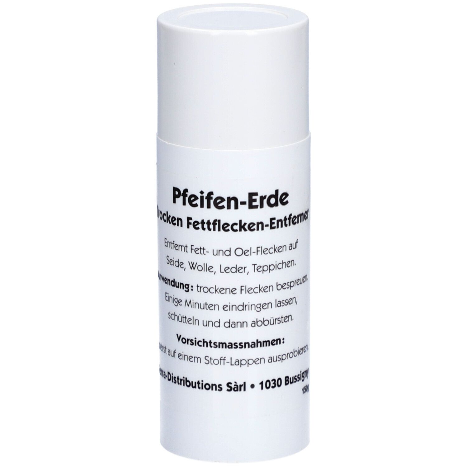 Zylindrische weiße Dose mit Aufschrift 'Pfeifen-Erde' und Text. Produkt zur Fettfleckenentfernung.