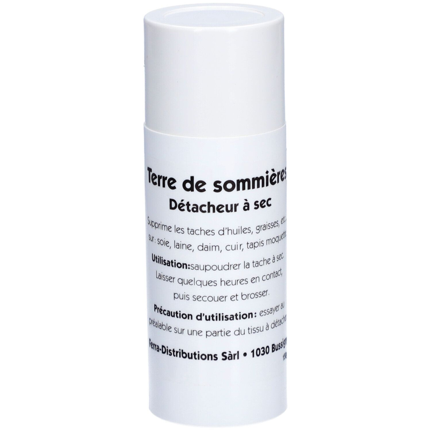 Weiße zylindrische Dose mit 'Terre de sommières' und 'Détacheur à sec' Text. Produkt zur Fleckenentfernung.