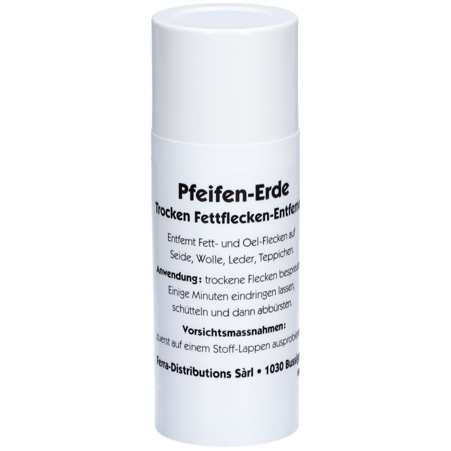 Zylindrische weiße Dose mit Aufschrift 'Pfeifen-Erde' und Text. Produkt zur Fettfleckenentfernung.