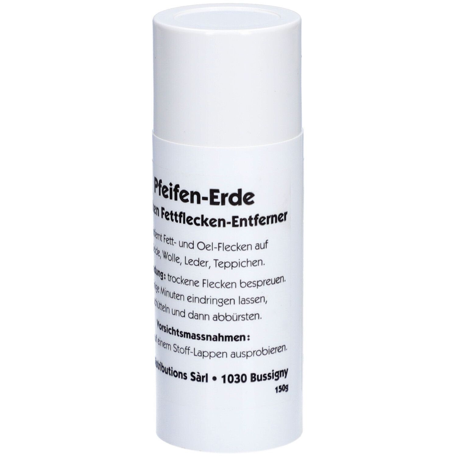 Weiße zylindrische Dose mit 'Pfeifen-Erde' und Text. Produkt zur Fettfleckenentfernung.