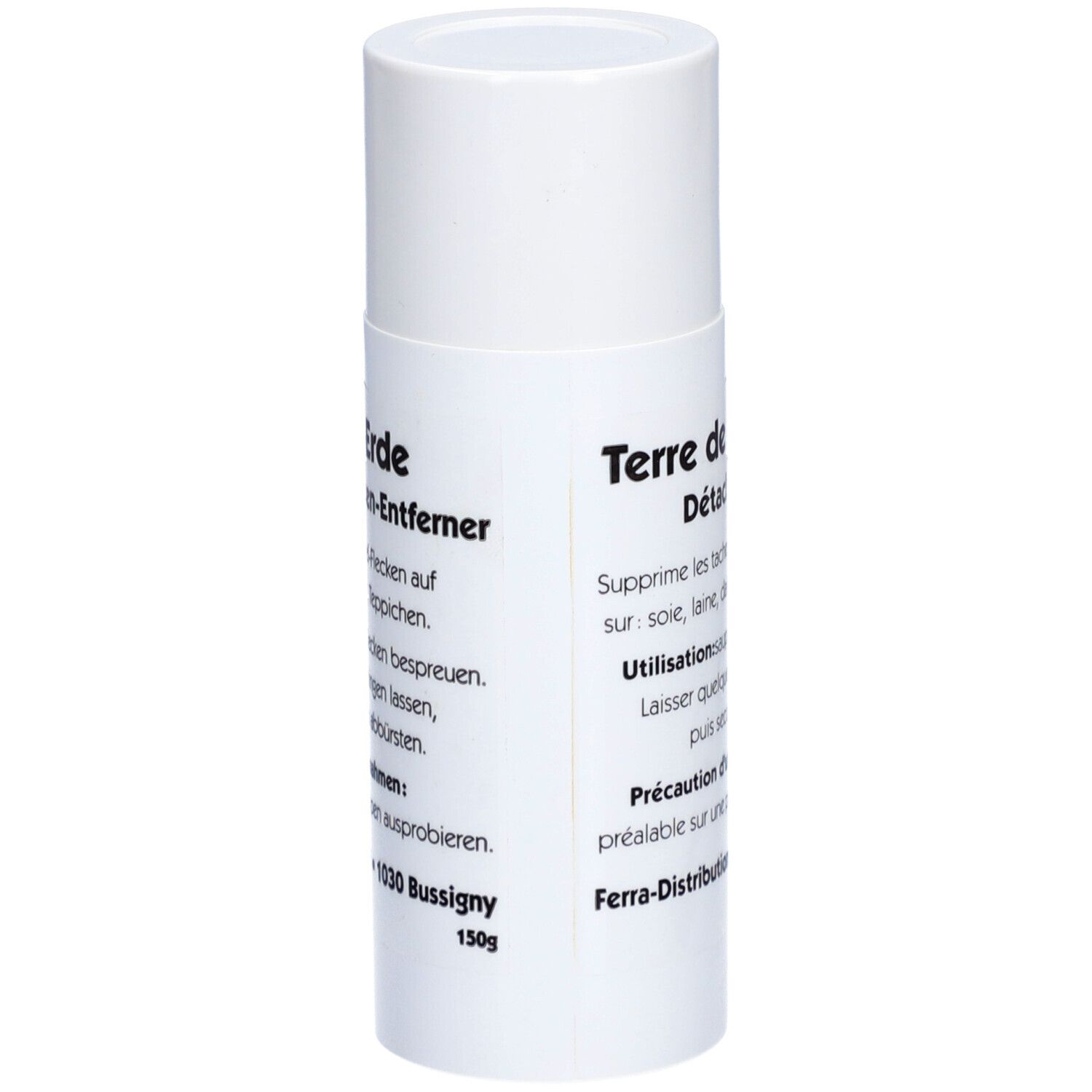 Weiße zylindrische Dose mit 'Pfeifen-Erde' und 'Terre de sommières' Text. Produkt zur Fleckenentfernung.