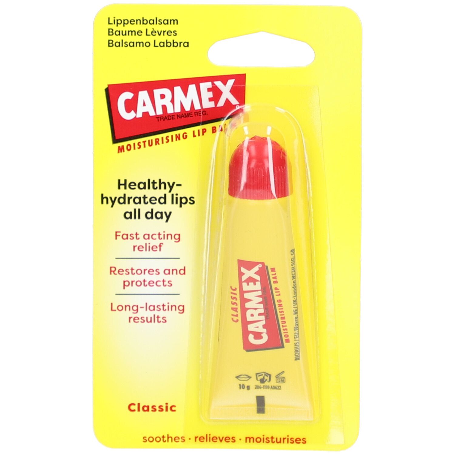 CARMEX Lippenbalsam in gelber Verpackung. Tube mit rotem Verschluss. Aufschrift: CARMEX, Classic, Healthy-hydrated lips all day.