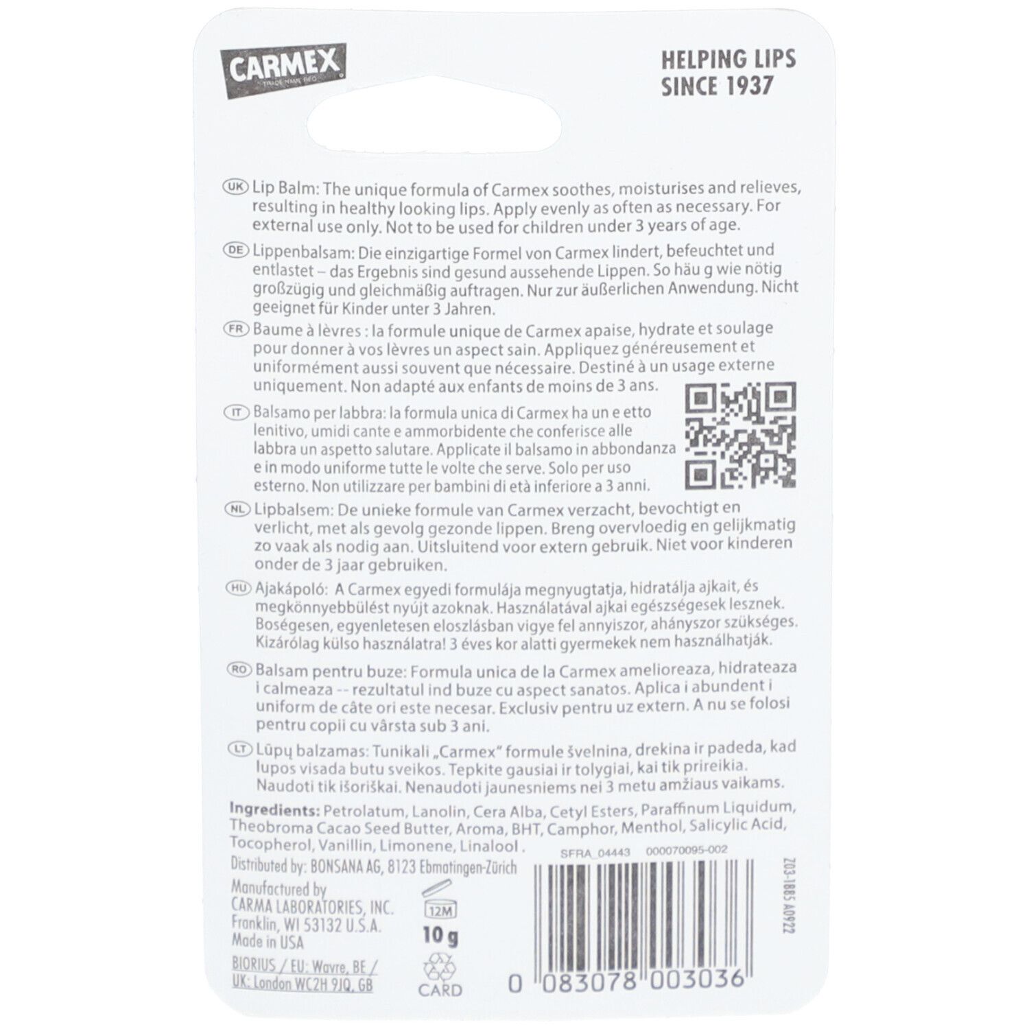 Rückseite der CARMEX Lippenbalsam-Verpackung. Text in mehreren Sprachen. Barcode und QR-Code. Aufschrift: CARMEX, Helping Lips Since 1937.