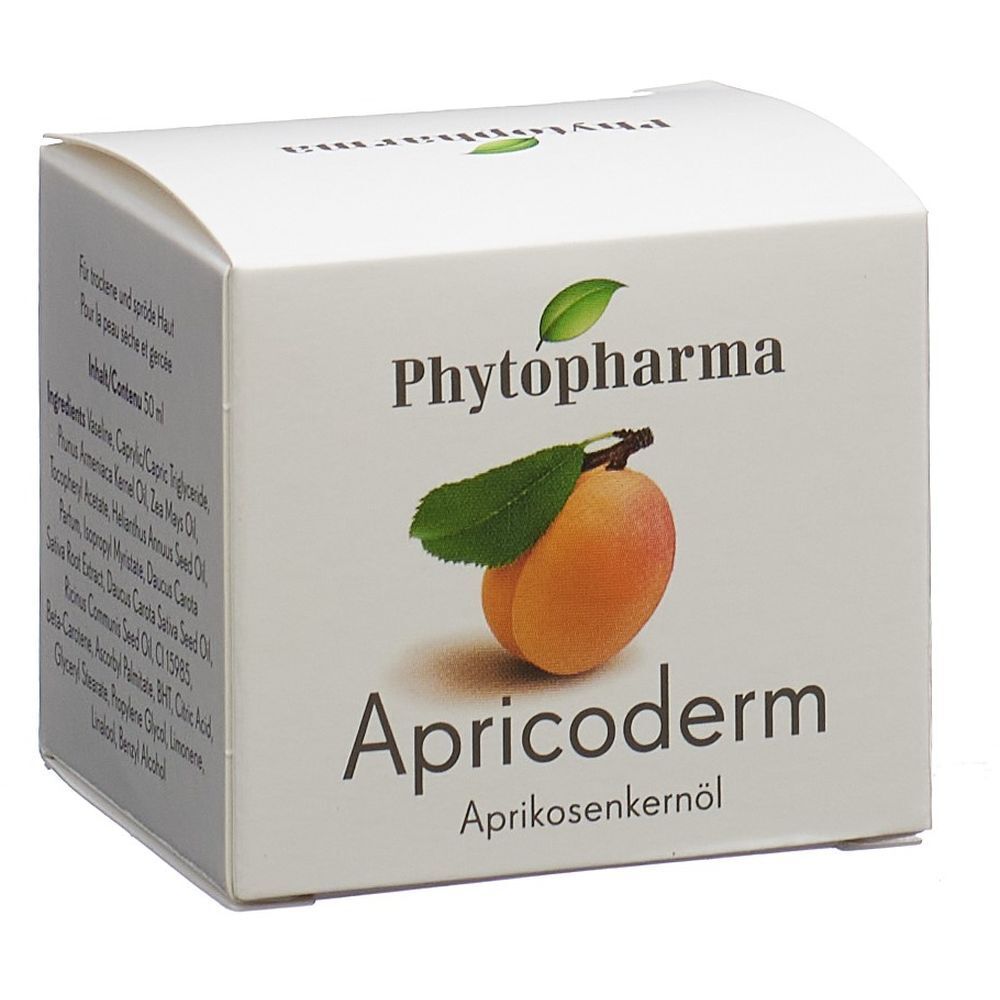 Weiße Schachtel mit Produktaufdruck. Aufschrift: PHYTOPHARMA, Apricoderm, Aprikosenkernöl. Abbildung einer Aprikose.