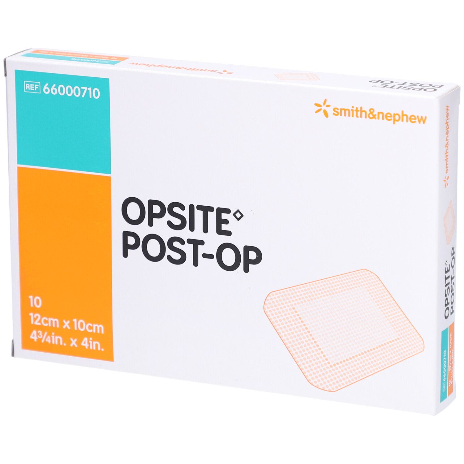 Opsite Post-Op Packung. 10 Stück, 12cm x 10cm. Smith & Nephew Logo. Produktabbildung.
