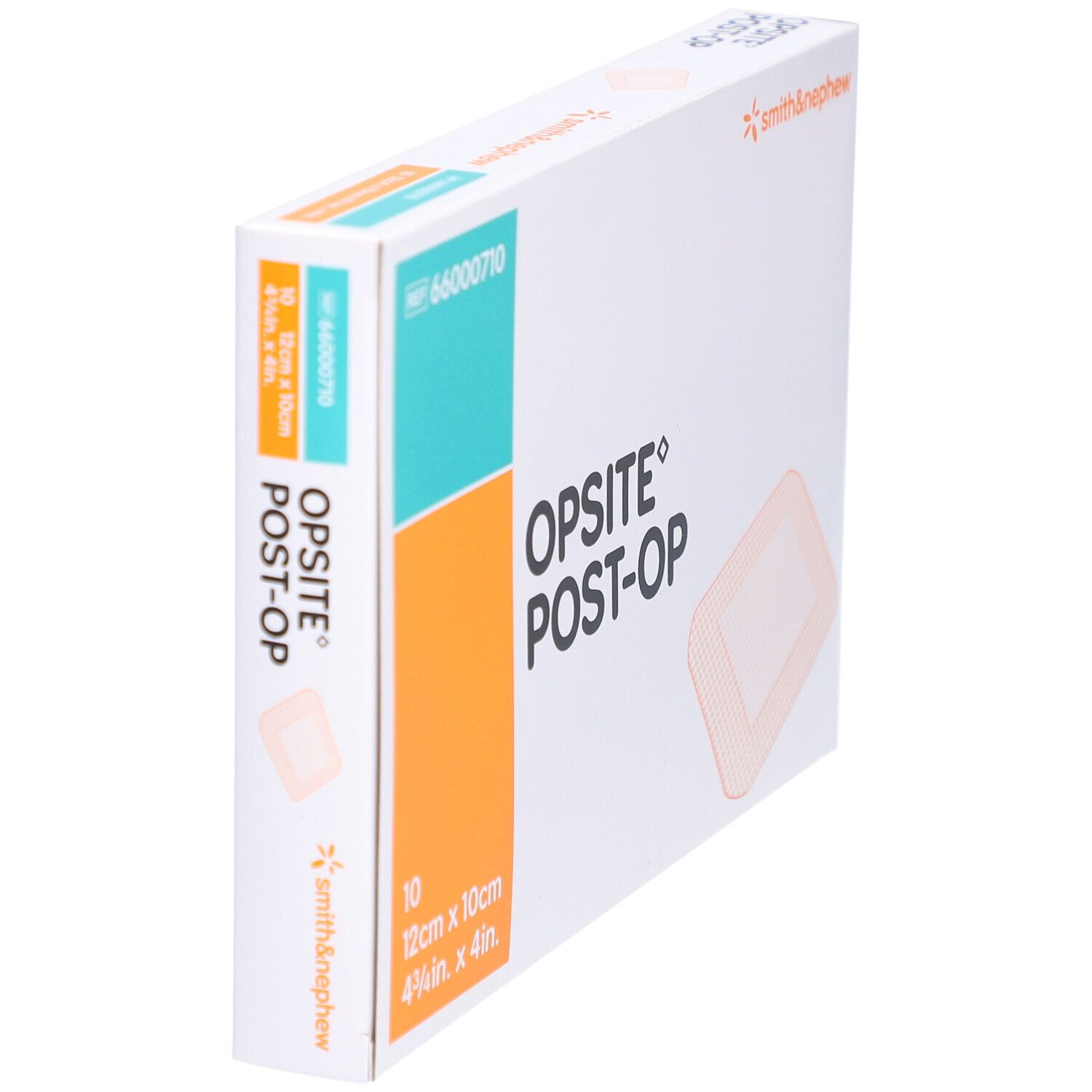 Opsite Post-Op Packung, schräg. 10 Stück, 12cm x 10cm. Smith & Nephew Logo. Produktabbildung.