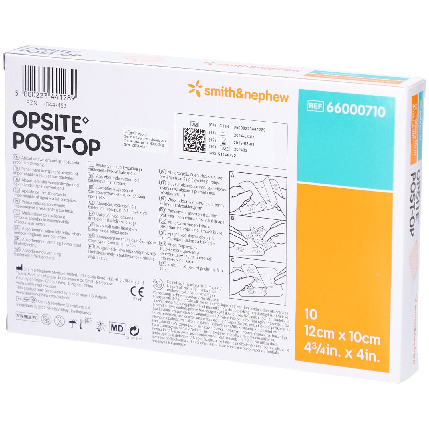 Opsite Post-Op Packung, Rückseite. 10 Stück, 12cm x 10cm. Smith & Nephew Logo. Gebrauchsanweisung.