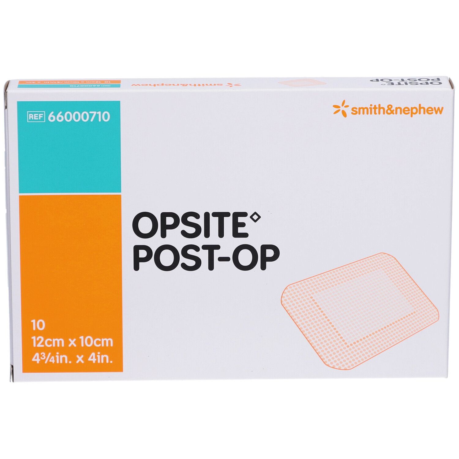 Opsite Post-Op Packung. 10 Stück, 12cm x 10cm. Smith & Nephew Logo. Produktabbildung.
