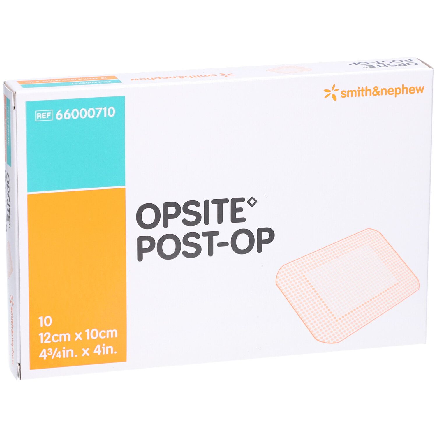 Opsite Post-Op Packung. 10 Stück, 12cm x 10cm. Smith & Nephew Logo. Produktabbildung.