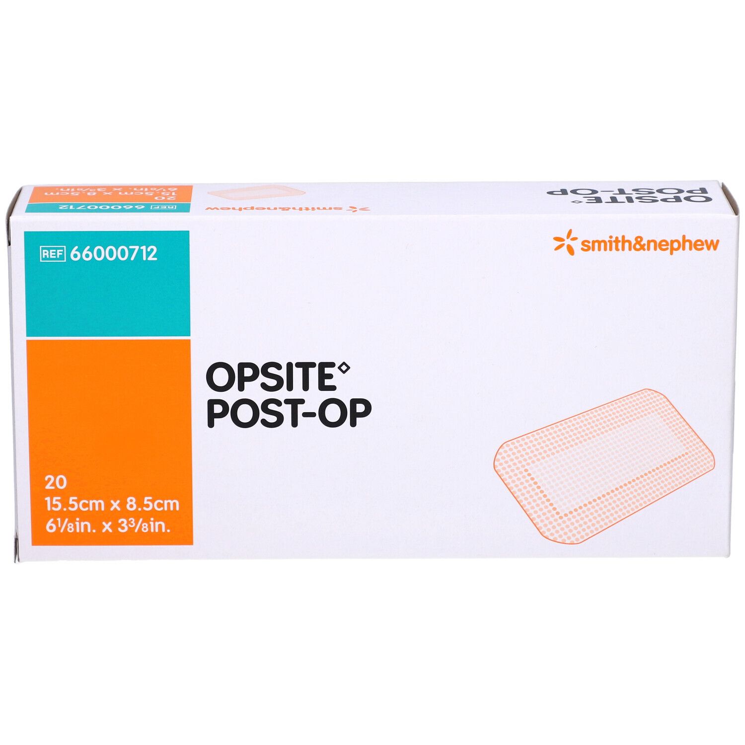 Opsite Post-Op-Verpackung. Weiß, orange und blau. Enthält 20 Pflaster, 15,5 x 8,5 cm. Marke Smith & Nephew.