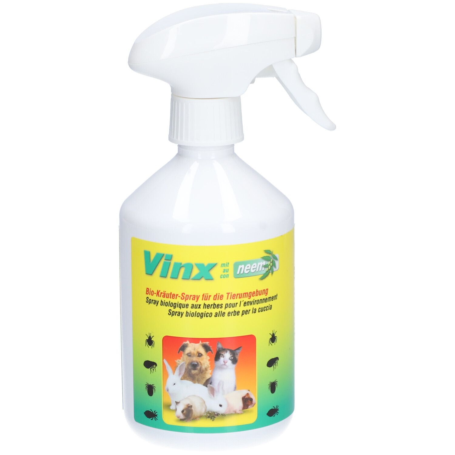 Weiße Sprühflasche mit gelbem Etikett. Aufschrift: Vinx neem. Abbildung von Tieren. Bio-Kräuter-Spray.