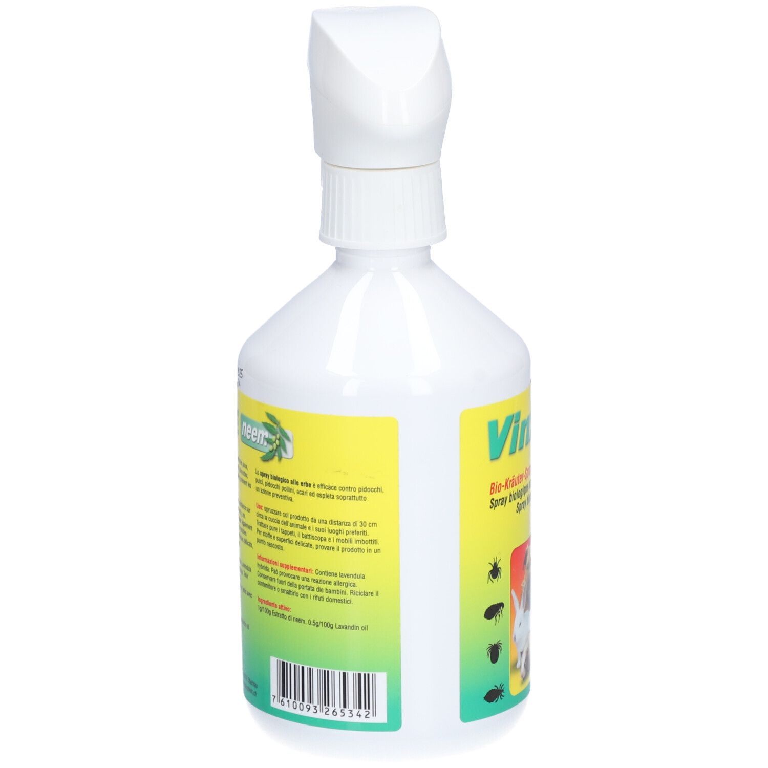 Weiße Sprühflasche mit gelbem Etikett. Text in Deutsch, Französisch und Italienisch. Rückansicht.