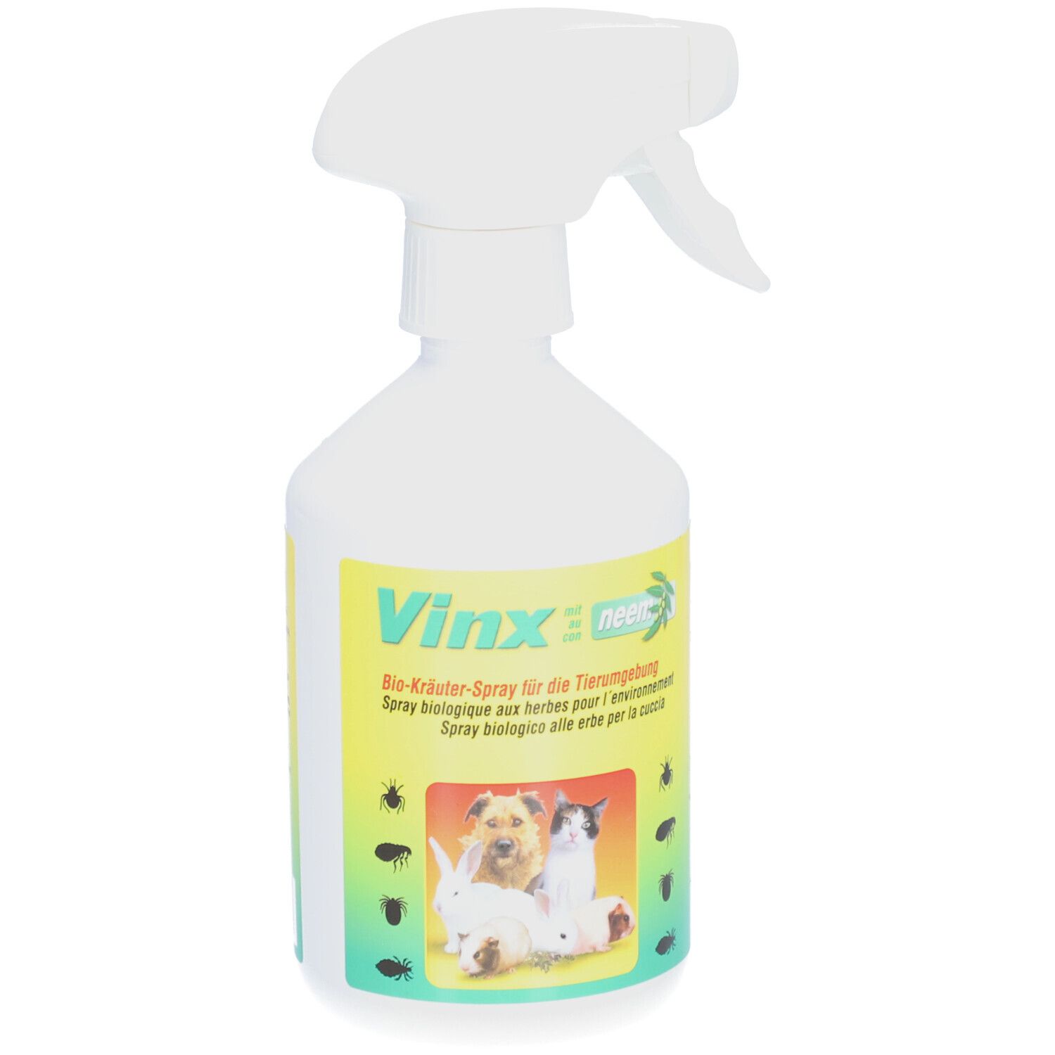 Weiße Sprühflasche mit gelbem Etikett. Aufschrift: Vinx neem. Abbildung von Tieren. Bio-Kräuter-Spray.