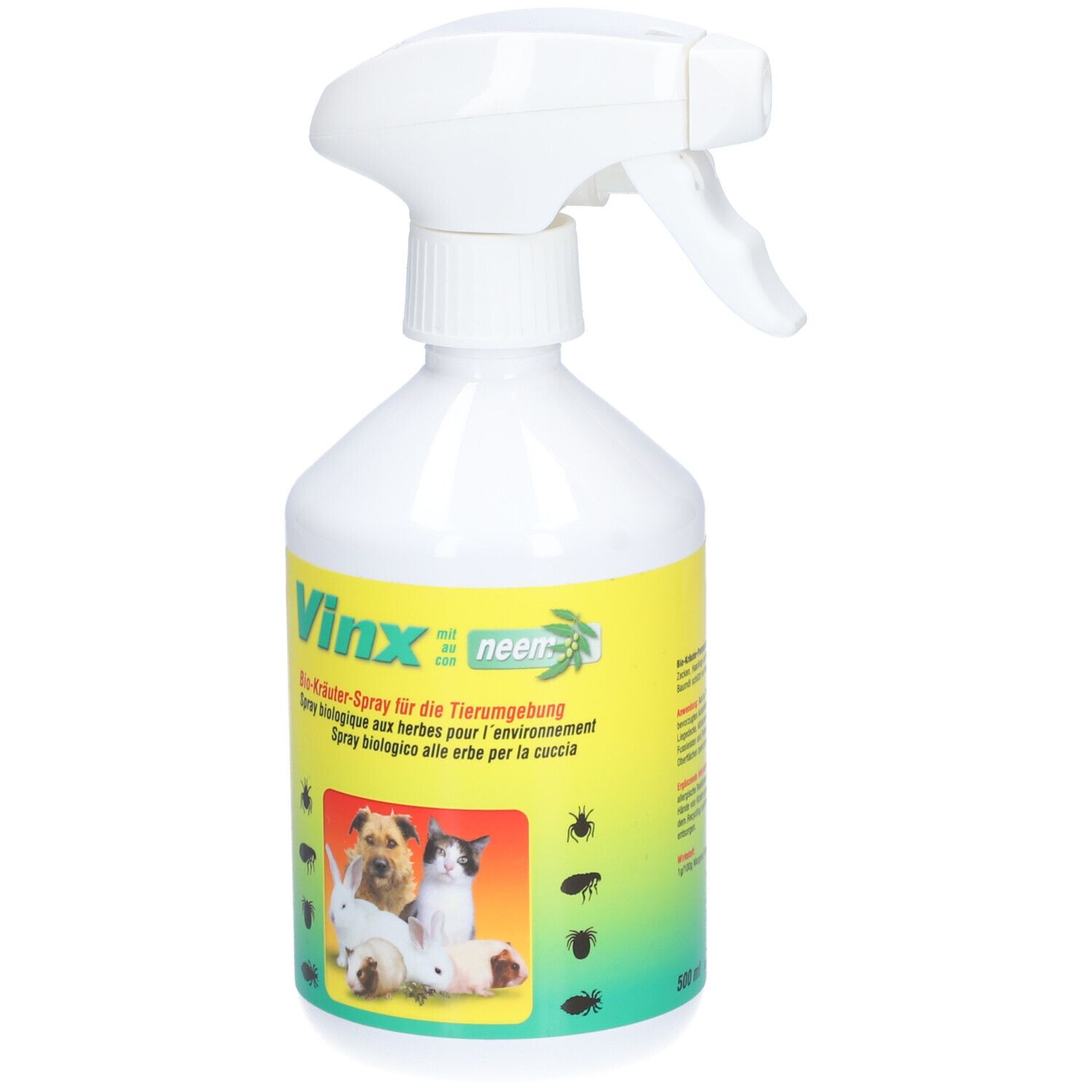 Weiße Sprühflasche mit gelbem Etikett. Aufschrift: Vinx neem. Abbildung von Tieren. Bio-Kräuter-Spray.