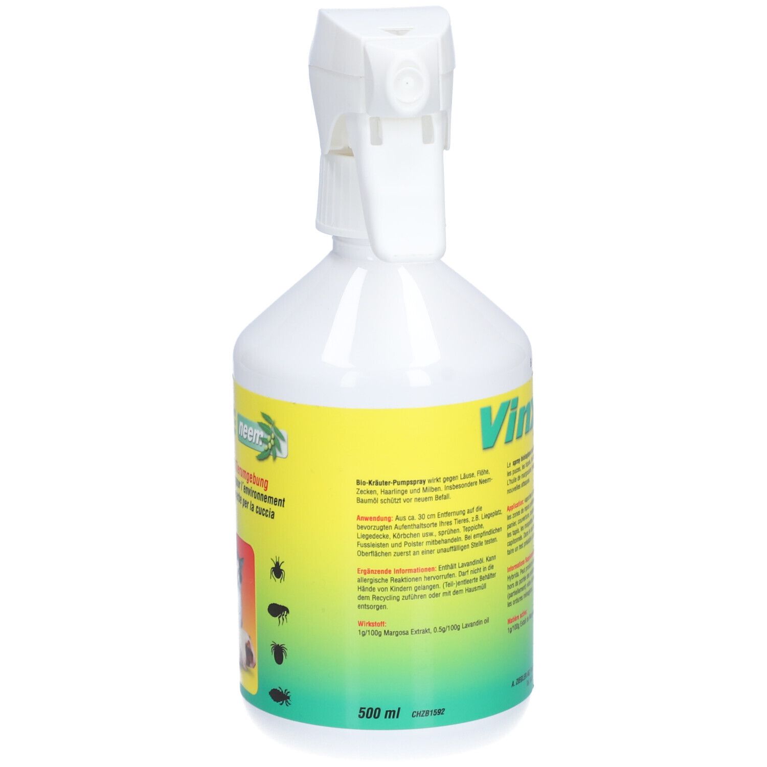 Weiße Sprühflasche mit gelbem Etikett. Aufschrift: Vinx neem. Text in Deutsch, Französisch und Italienisch. 500 ml.