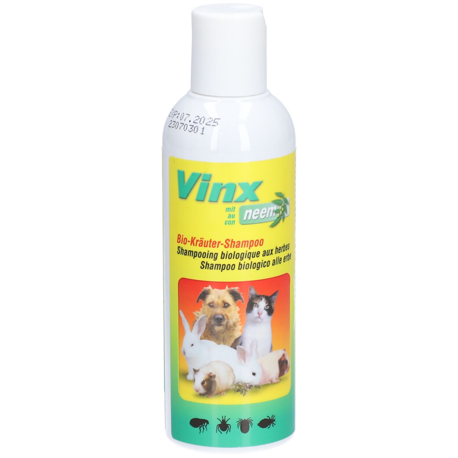 Weiße Flasche mit gelbem Etikett. Aufschrift: Vinx mit Neem, Bio-Kräuter-Shampoo. Abbildung von Tieren.