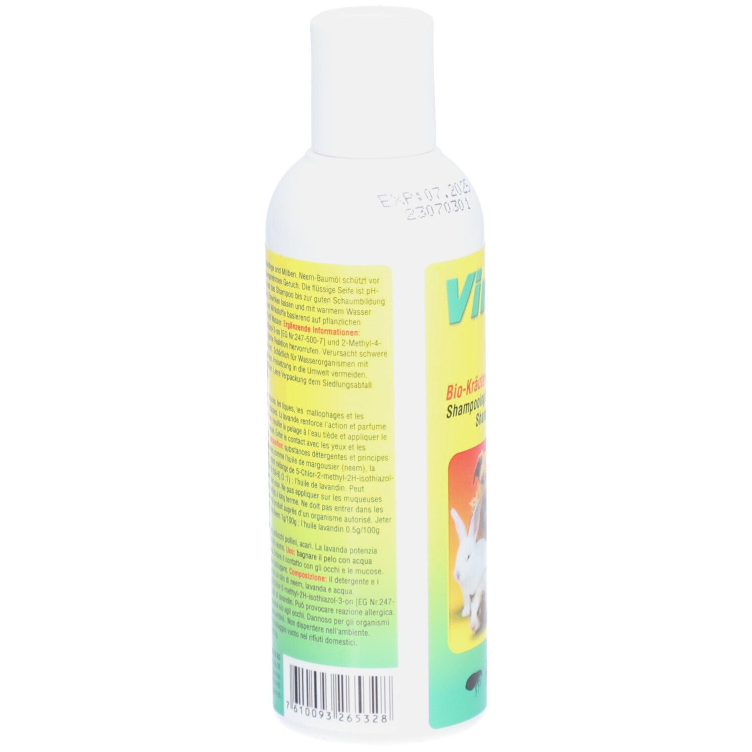 Rückseite der weißen Flasche. Text in Deutsch, Französisch und Italienisch. Barcode und Haltbarkeitsdatum.