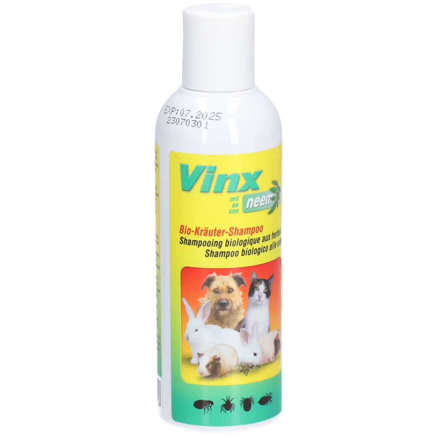 Weiße Flasche mit gelbem Etikett. Aufschrift: Vinx mit Neem, Bio-Kräuter-Shampoo. Abbildung von Tieren.
