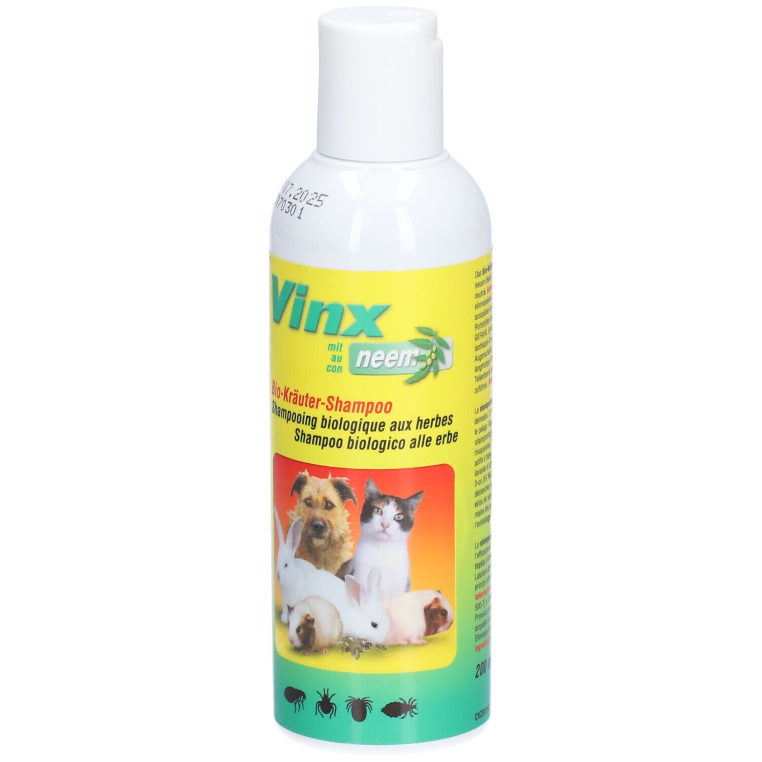 Weiße Flasche mit gelbem Etikett. Aufschrift: Vinx mit Neem, Bio-Kräuter-Shampoo. Abbildung von Tieren.