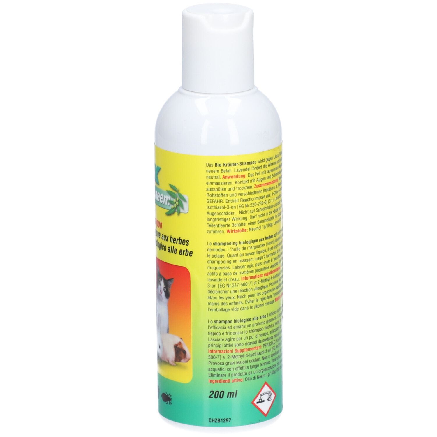 Weiße Flasche mit gelbem Etikett. Aufschrift: Vinx mit Neem, Bio-Kräuter-Shampoo. 200 ml. Abbildung von Tieren.