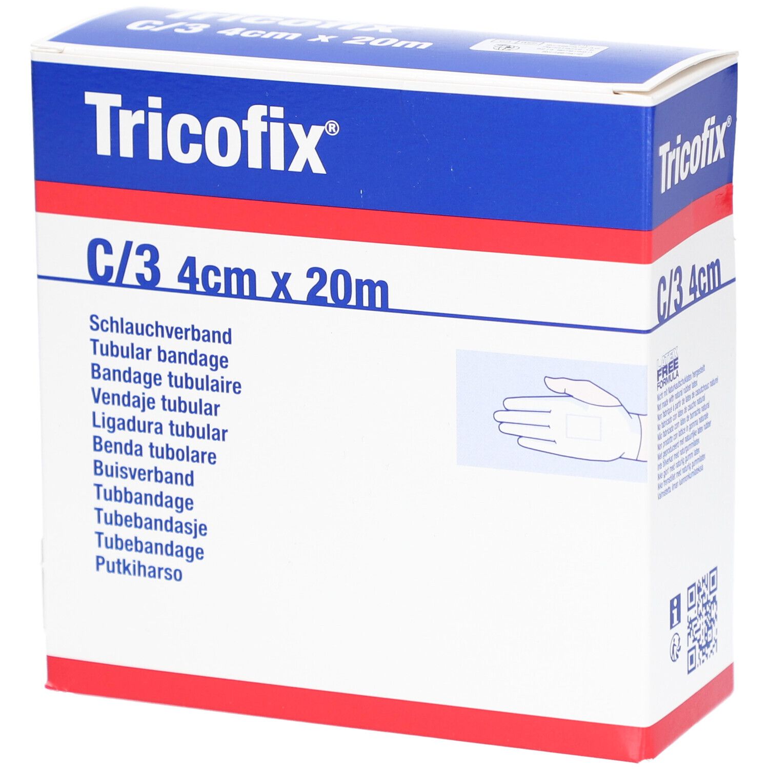 Emballage de bandage tubulaire Tricofix. Boîte bleue et blanche avec informations et logo. Taille : 4cm x 20m.