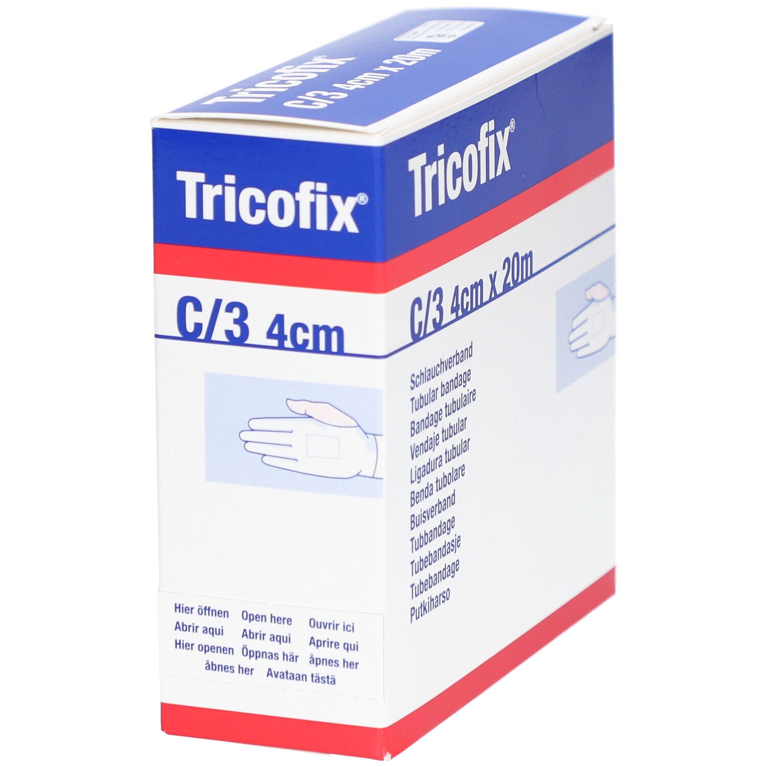 Boîte de bandage tubulaire Tricofix. Emballage bleu et blanc avec informations. Taille : 4cm x 20m. Vue en angle.