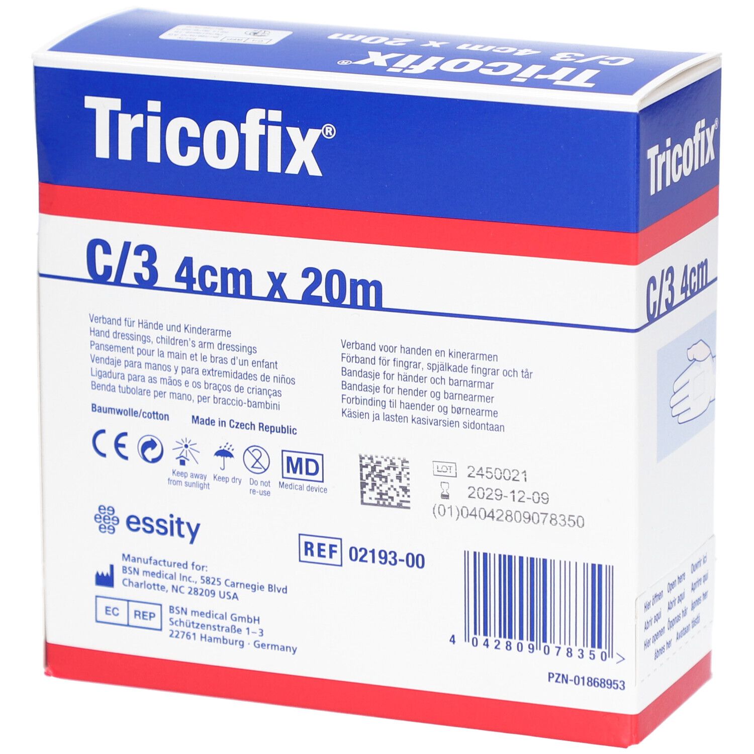 Dos de l'emballage de bandage tubulaire Tricofix. Informations, logos et certifications. Taille : 4cm x 20m. Fabriqué en Tchéquie.