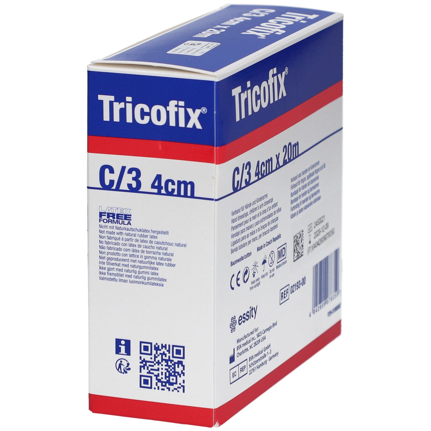 Boîte de bandage tubulaire Tricofix. Emballage bleu et blanc avec informations. Taille : 4cm x 20m. Vue en angle.