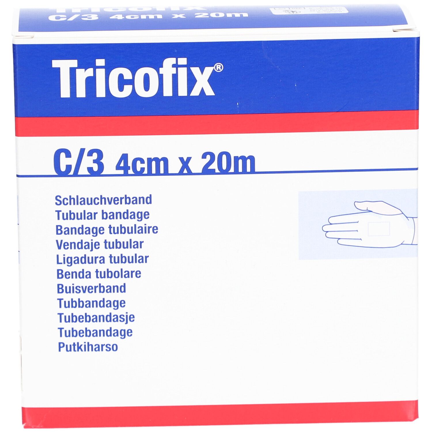 Emballage de bandage tubulaire Tricofix. Boîte bleue et blanche avec informations et logo. Taille : 4cm x 20m.