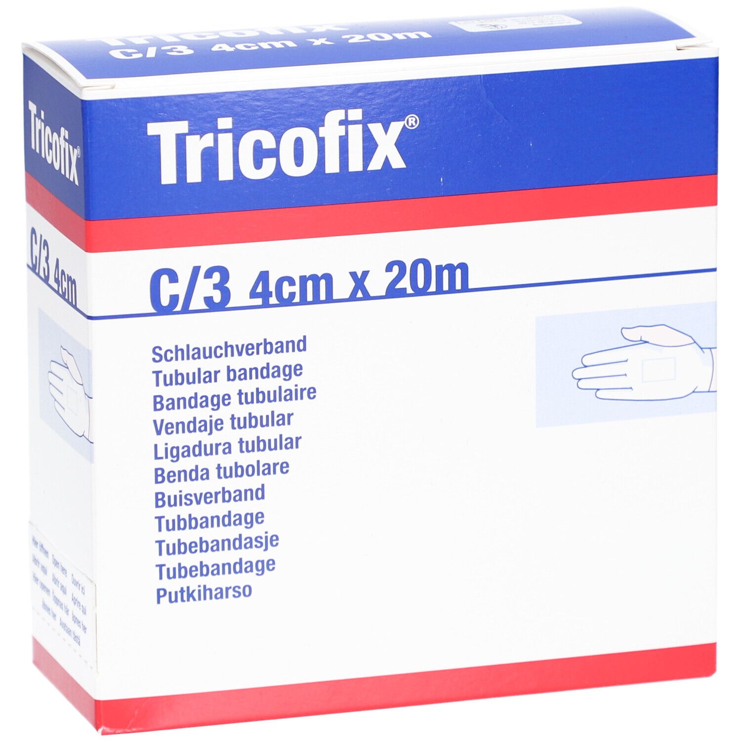 Emballage de bandage tubulaire Tricofix. Boîte bleue et blanche avec informations et logo. Taille : 4cm x 20m.