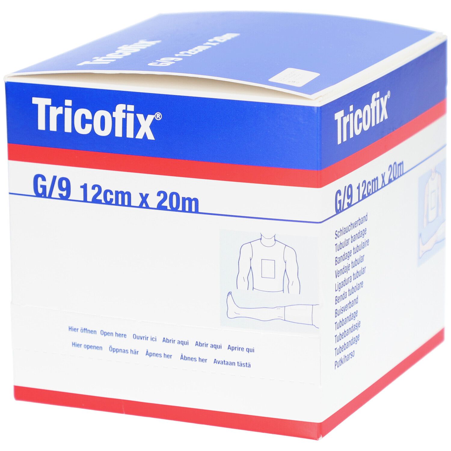 Boîte de bandage Tricofix G/9 12cm x 20m. Inscriptions multilingues. Illustration d'application.