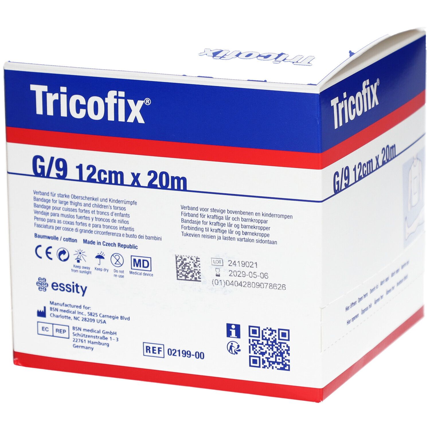 Boîte de bandage Tricofix G/9 12cm x 20m. Inscriptions multilingues. Marquage CE, symbole MD. Code QR.
