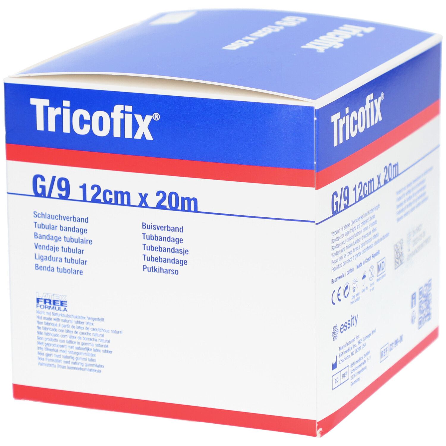 Boîte de bandage Tricofix G/9 12cm x 20m. Inscriptions multilingues. Marquage CE. Illustration d'application.