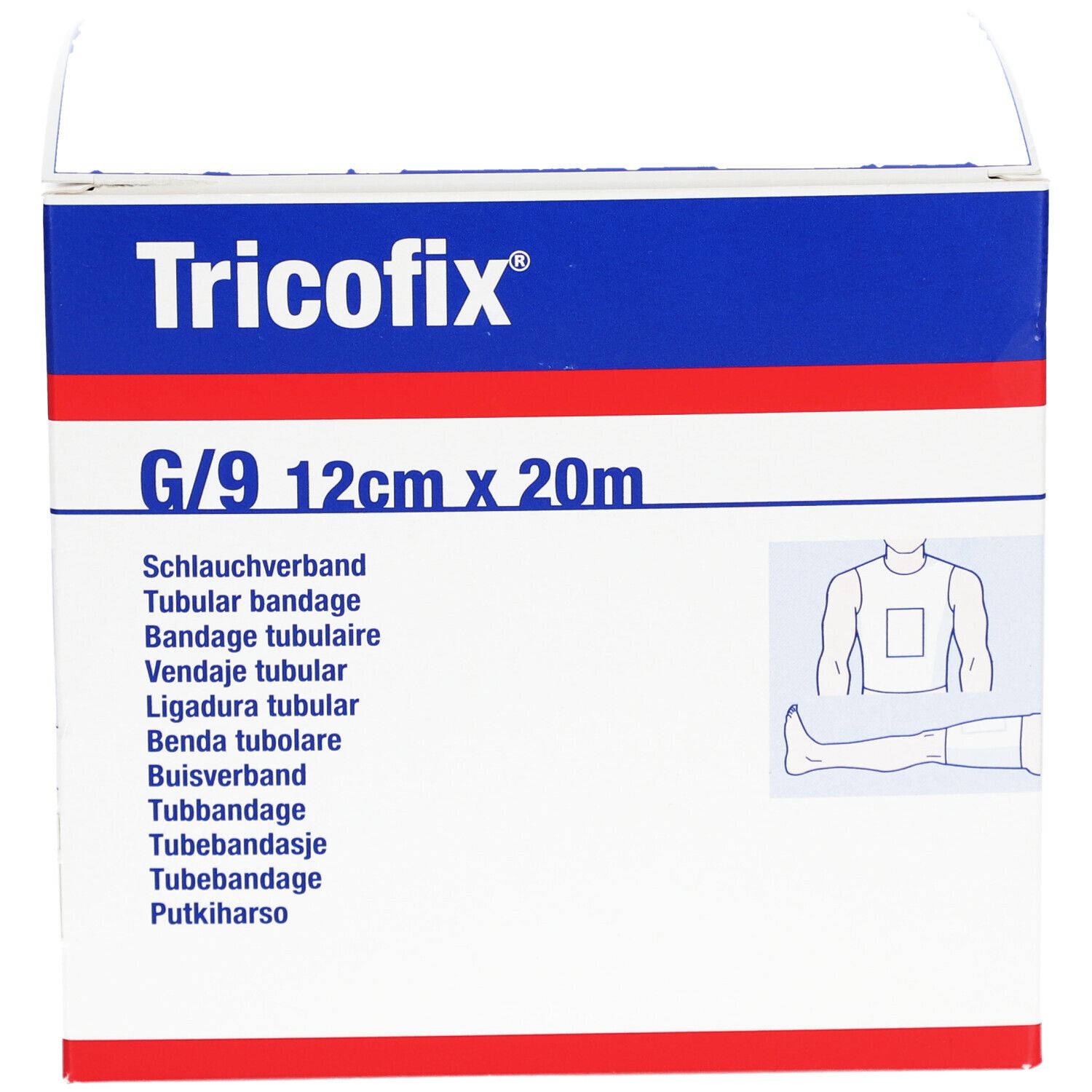 Boîte de bandage Tricofix G/9 12cm x 20m. Inscriptions multilingues. Illustration d'application.
