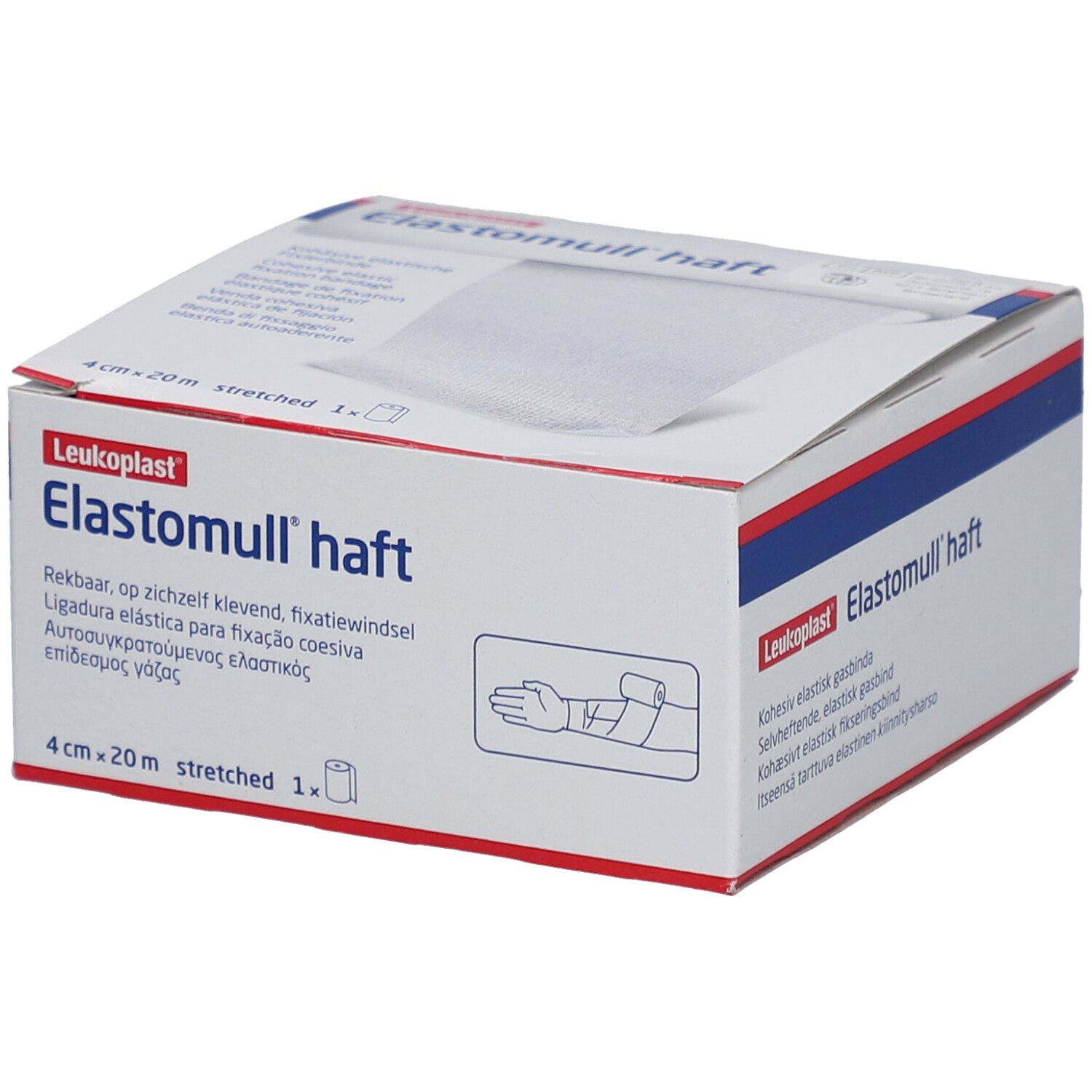 Verpackung von Elastomull® haft. Aufdruck: 4 cm x 20 m, gedehnt. Marke Leukoplast.