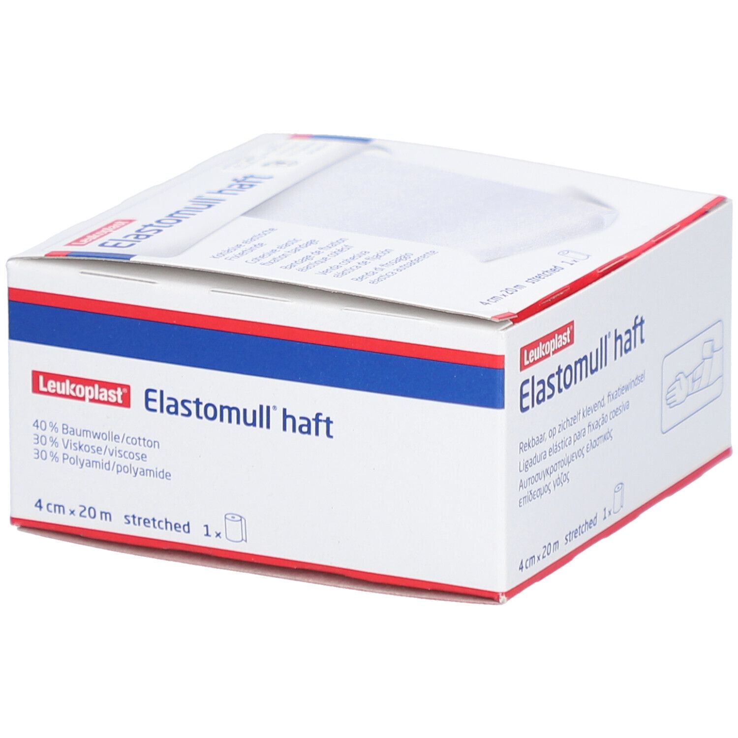 Verpackung von Elastomull® haft. Aufdruck: 4 cm x 20 m, gedehnt. Marke Leukoplast.