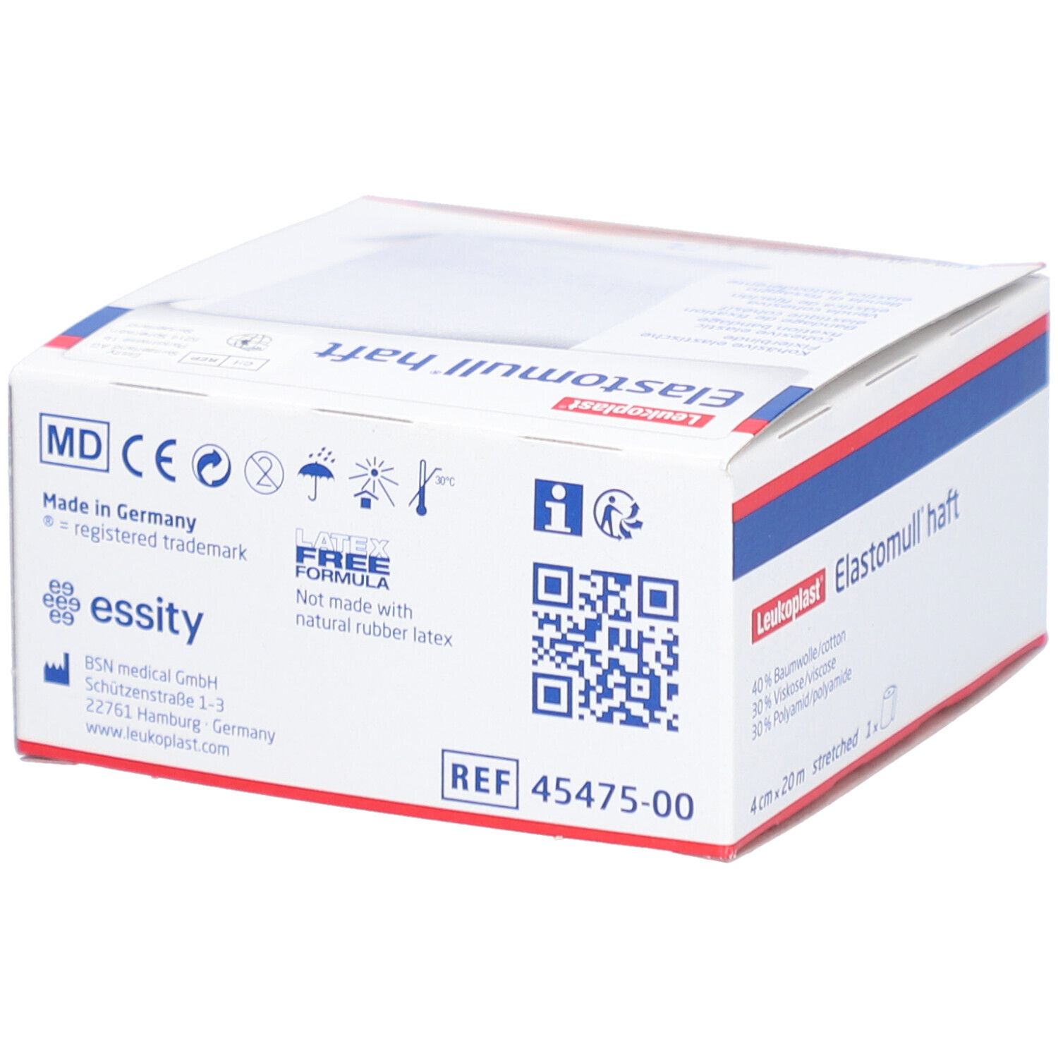 Verpackung von Elastomull® haft. Aufdruck: 4 cm x 20 m, gedehnt. Marke Leukoplast. Mit CE-Kennzeichnung.