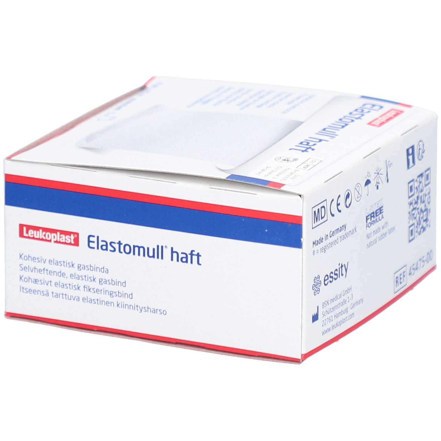 Verpackung von Elastomull® haft. Aufdruck: 4 cm x 20 m, gedehnt. Marke Leukoplast.