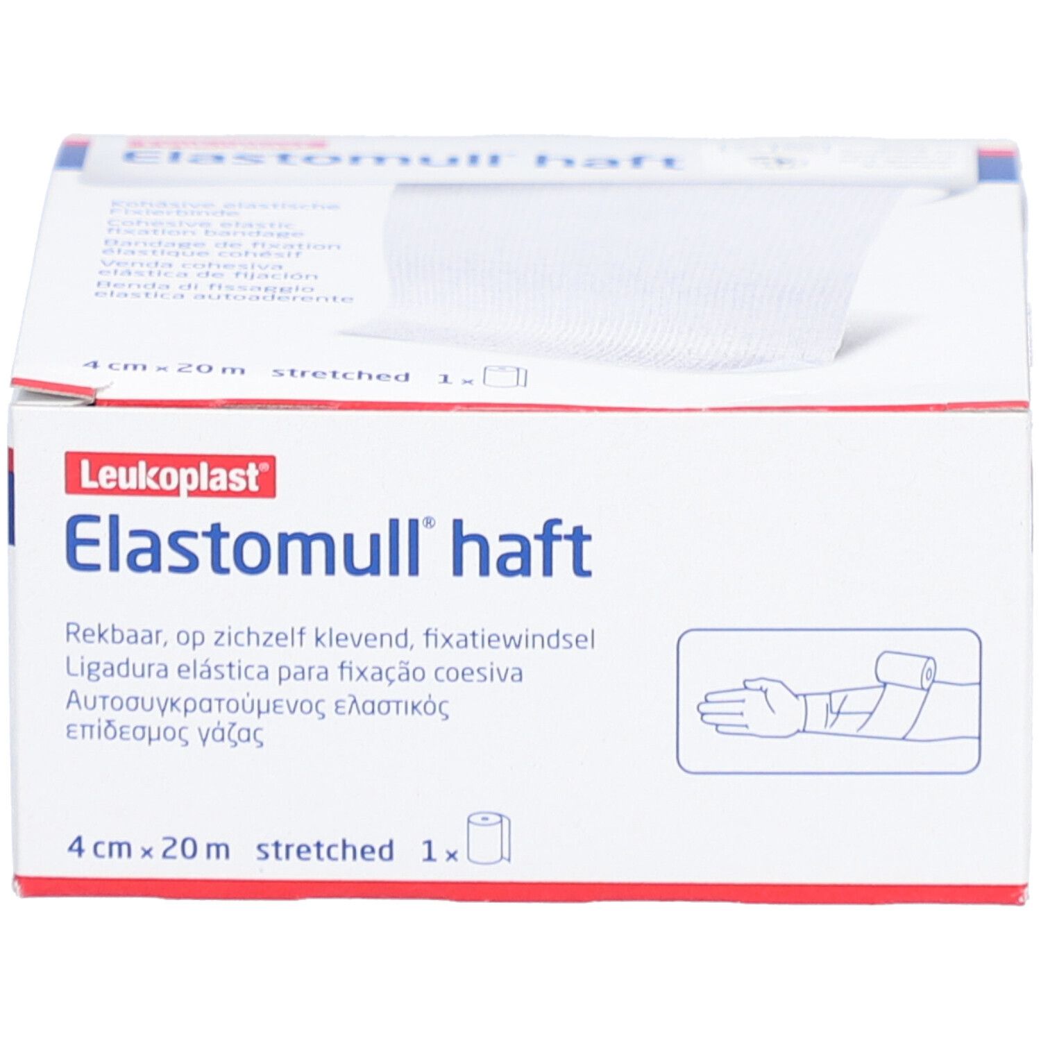 Verpackung von Elastomull® haft. Aufdruck: 4 cm x 20 m, gedehnt. Marke Leukoplast.