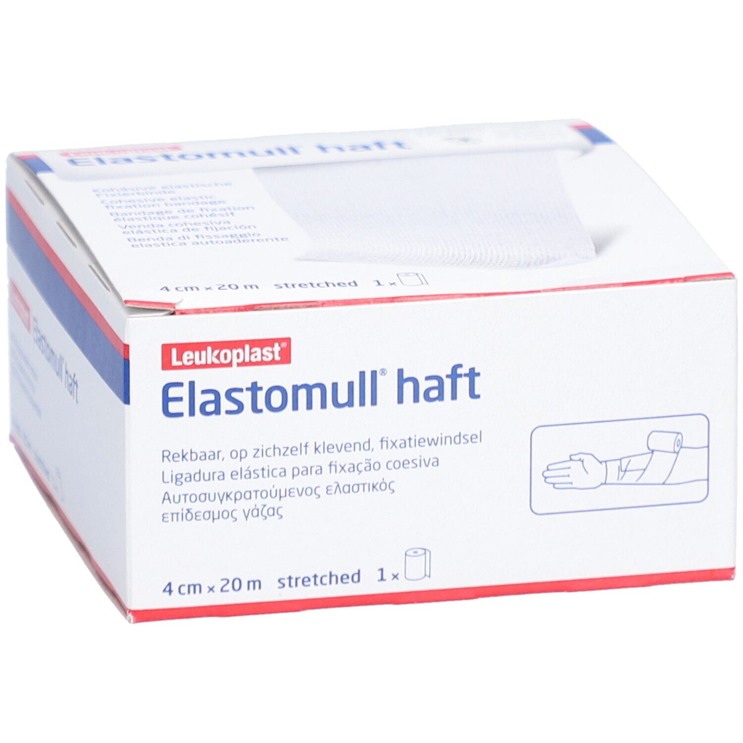 Verpackung von Elastomull® haft. Aufdruck: 4 cm x 20 m, gedehnt. Marke Leukoplast.