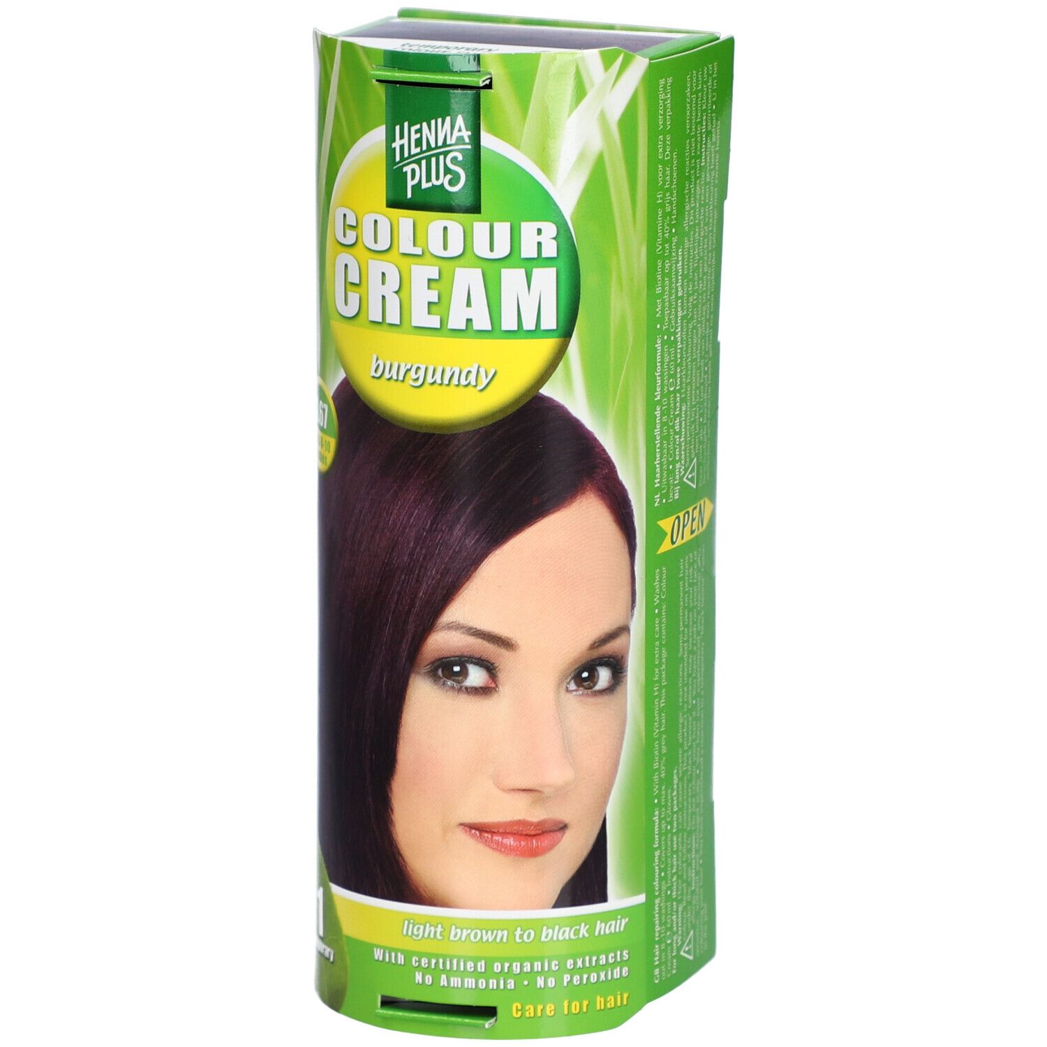 Emballage Hennaplus Coloration Crème. Vert et blanc, image d'une femme aux cheveux bordeaux. Texte: Colour Cream, 3.67 Burgundy.