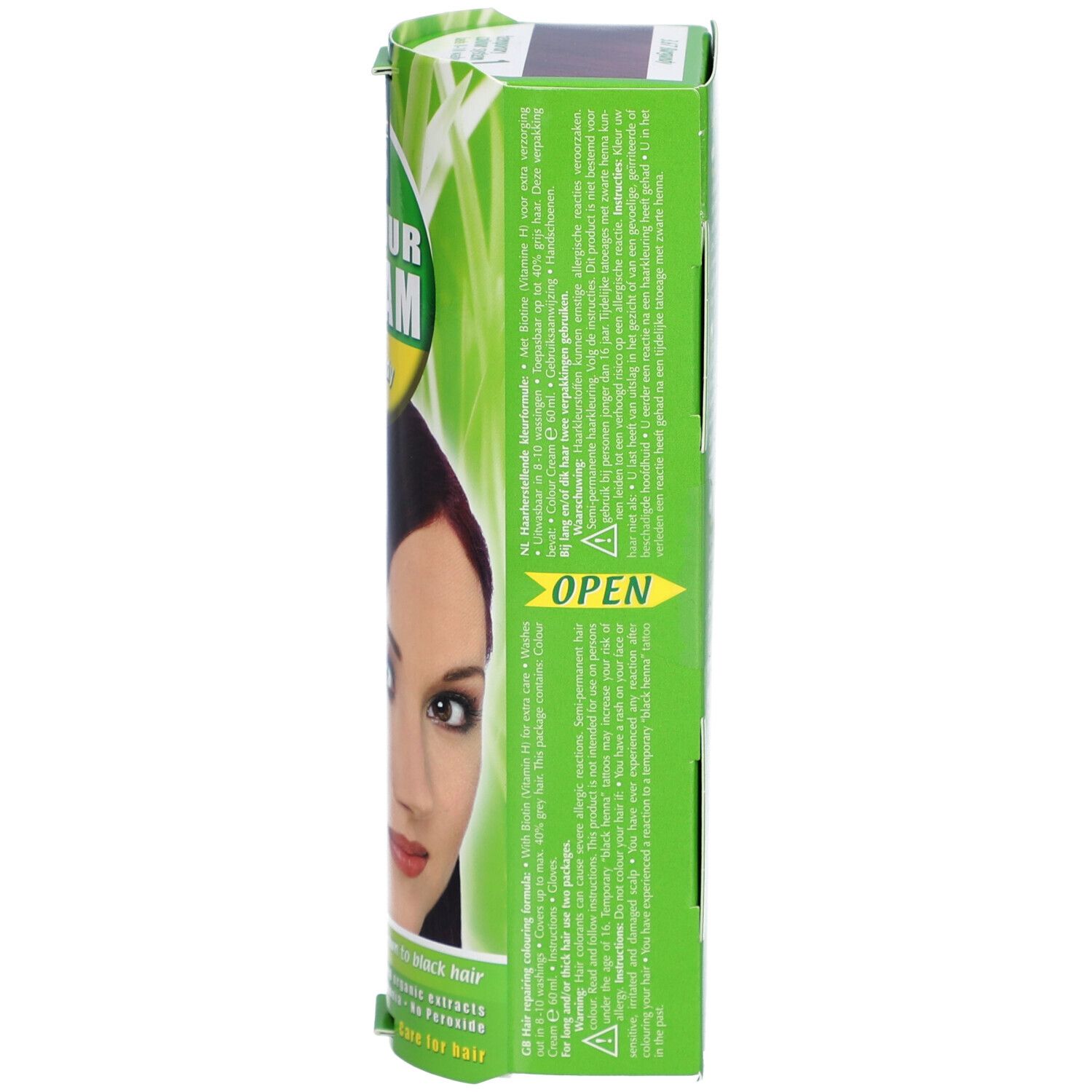 Côté de l'emballage Hennaplus Coloration Crème. Vert avec texte. Contient des informations sur le produit. 3.67 Burgundy.
