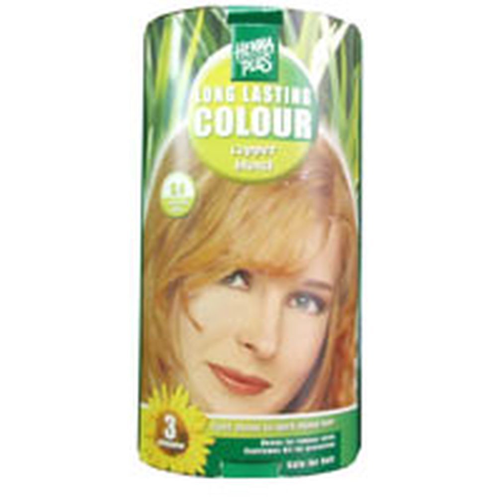 Hennaplus Lang anhaltende Kupfer Blond 8,4. Verpackung mit Frauengesicht und Produktinformationen. Grün-gelbes Design.
