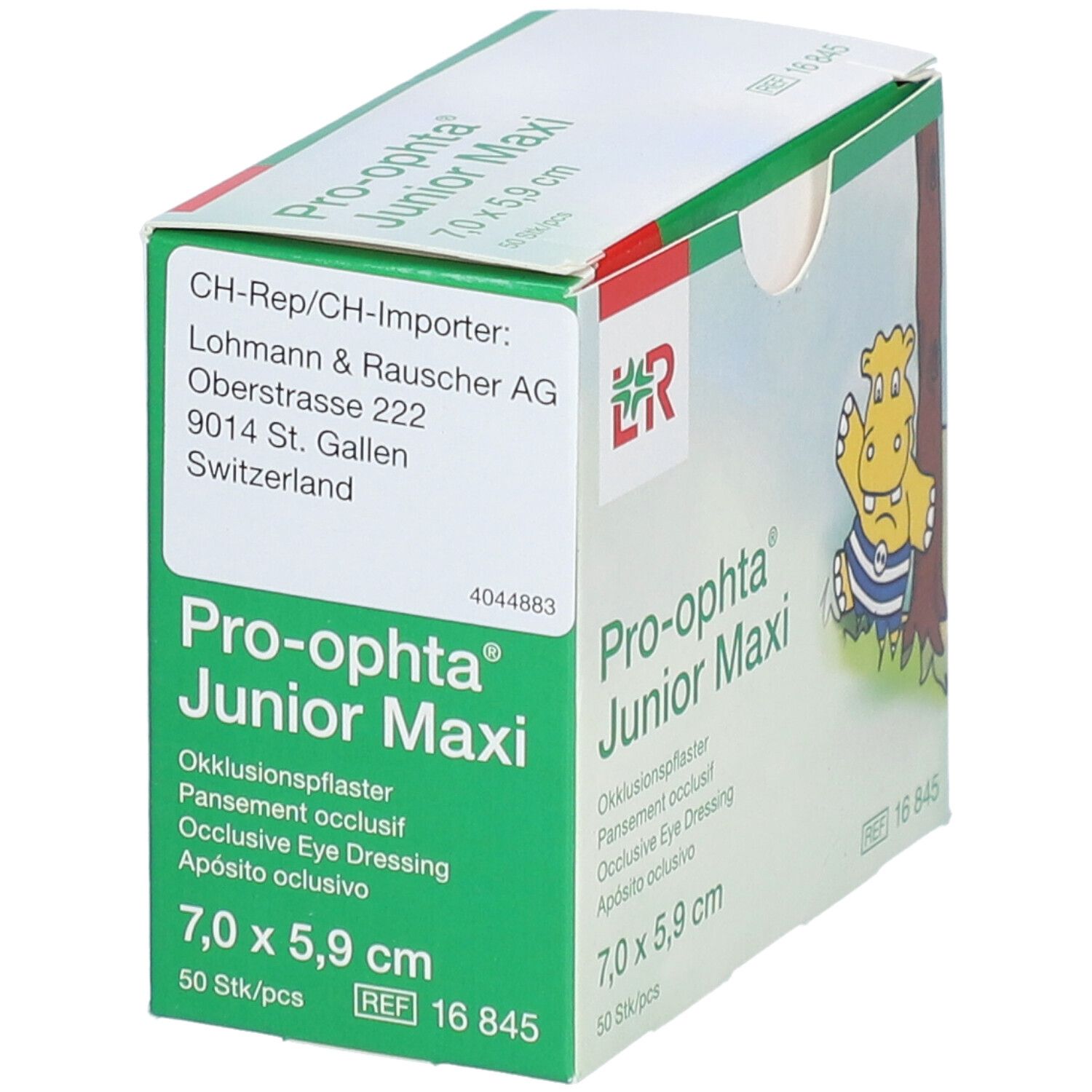 Boîte de pansements occlusifs Pro-ophta Junior Maxi. Dimensions 7,0 x 5,9 cm. Logo et adresse du fabricant.