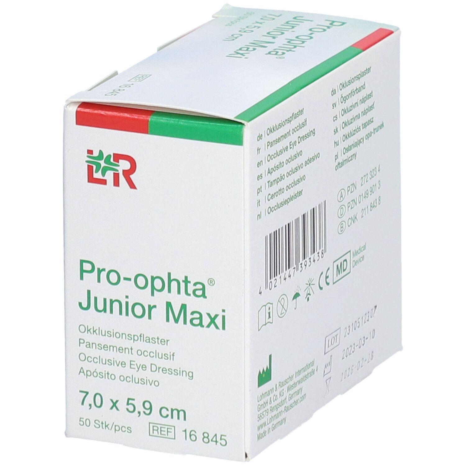Boîte de pansements occlusifs Pro-ophta Junior Maxi. Dimensions 7,0 x 5,9 cm. Logo et nom du produit.