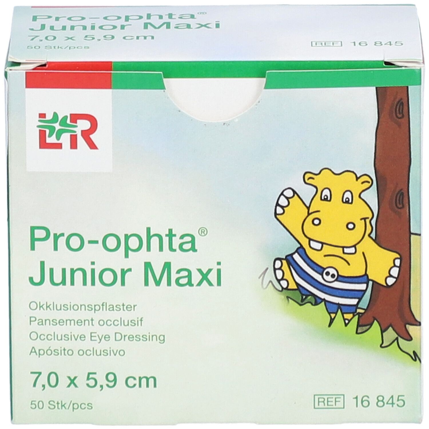 Boîte de pansements occlusifs Pro-ophta Junior Maxi. Dimensions 7,0 x 5,9 cm. Illustration d'un hippopotame.