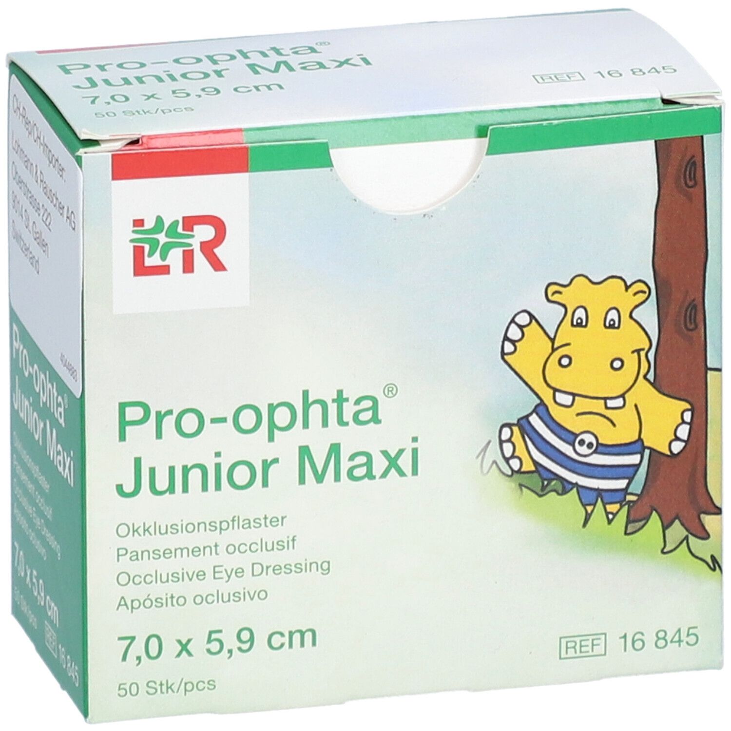 Boîte de pansements occlusifs Pro-ophta Junior Maxi. Dimensions 7,0 x 5,9 cm. Illustration d'un hippopotame.