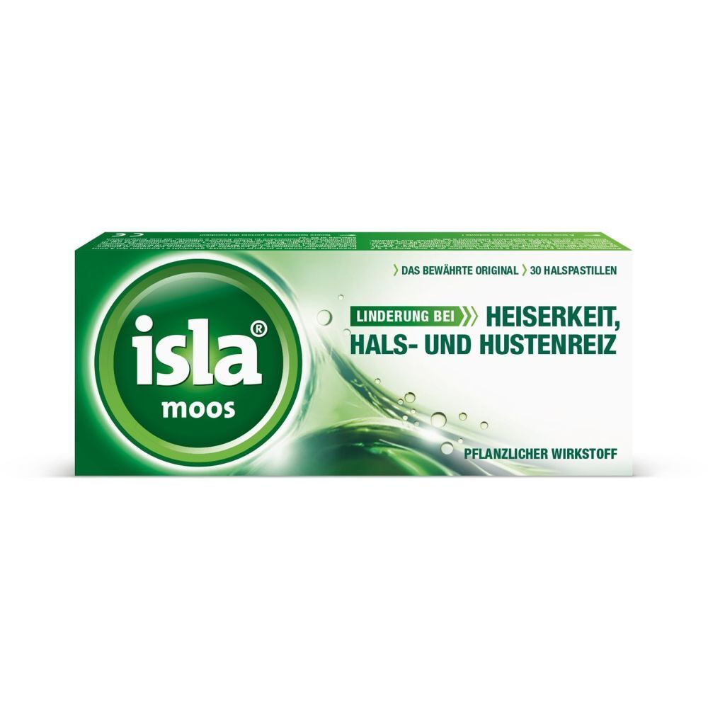 Grüne Schachtel mit "isla moos" Logo. Text: Linderung bei Heiserkeit, Hals- und Hustenreiz. 30 Halspastillen.