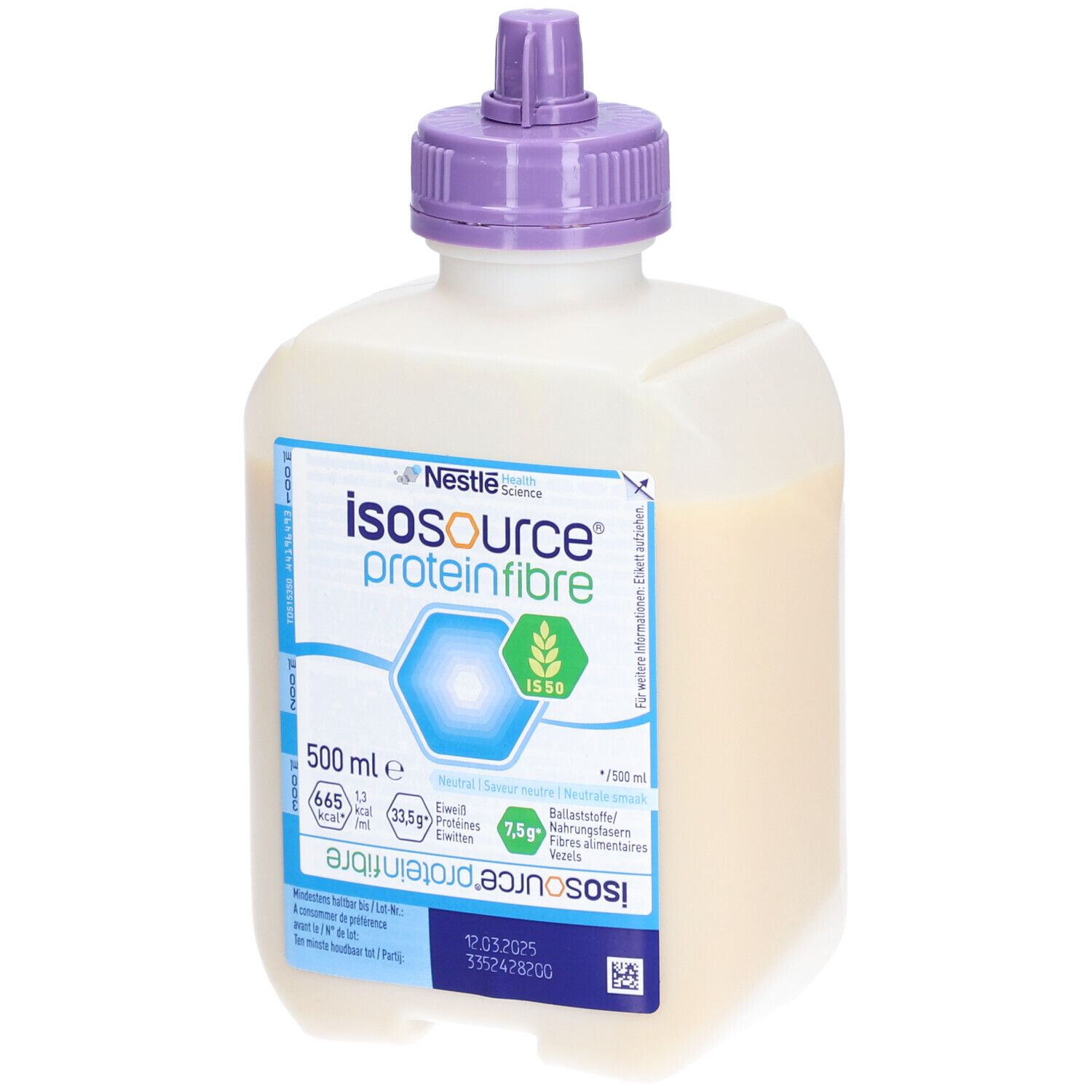 Flasche mit Flüssigkeit. Aufschrift: Isosource proteinfibre, 500 ml. Lila Verschluss. Nestle Logo.